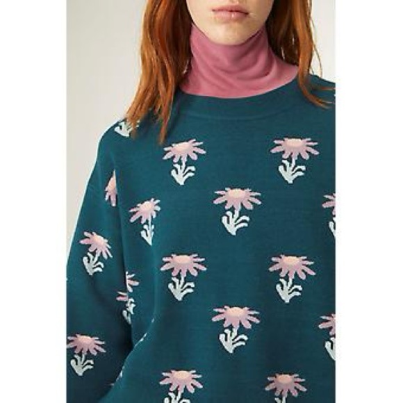Compania Fantastica Jacquard Sweater Small Long Sleeve Daisy Floral turquoise - Picture 2 of 11